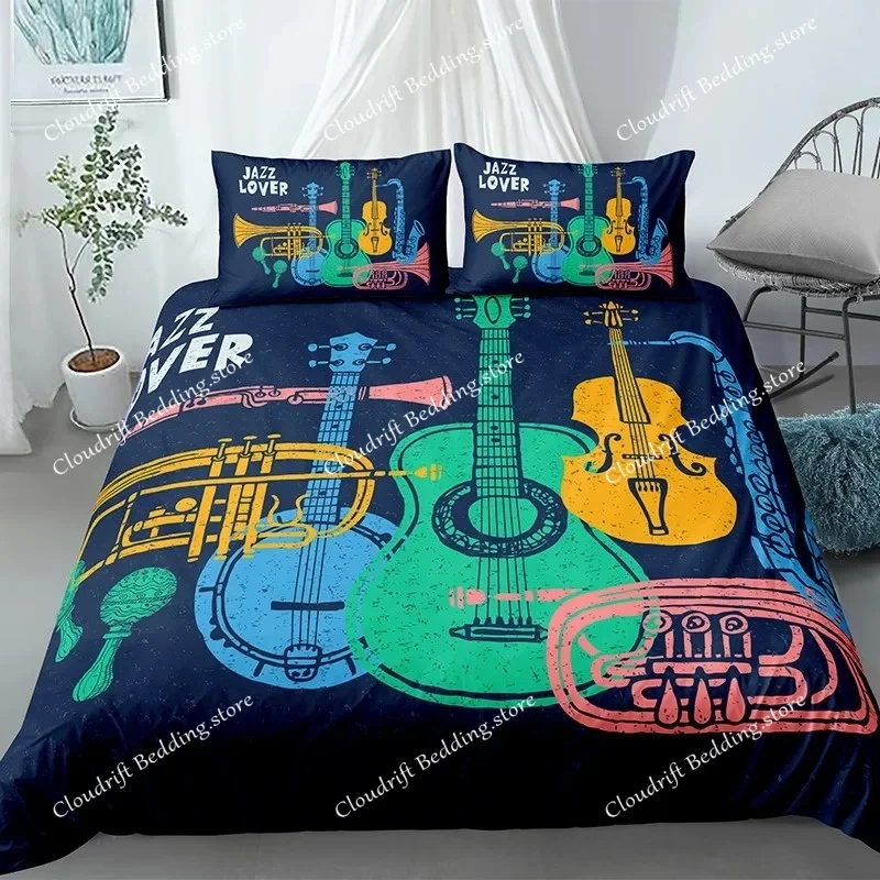 Music Guitar Bedding Set King Queen Heavy Metal Punk Rock Duvet Cover for Teen Boy Musical Note Polyester Comforter Cover