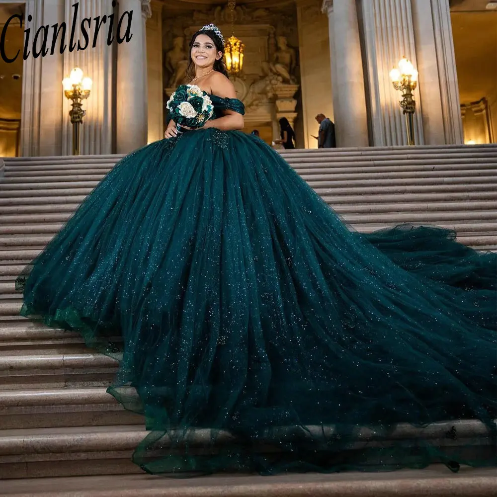 Vestido De baile De quinceañera con purpurina, verde negruzco, hombros descubiertos, apliques De lentejuelas, corsé De encaje, 15 Años