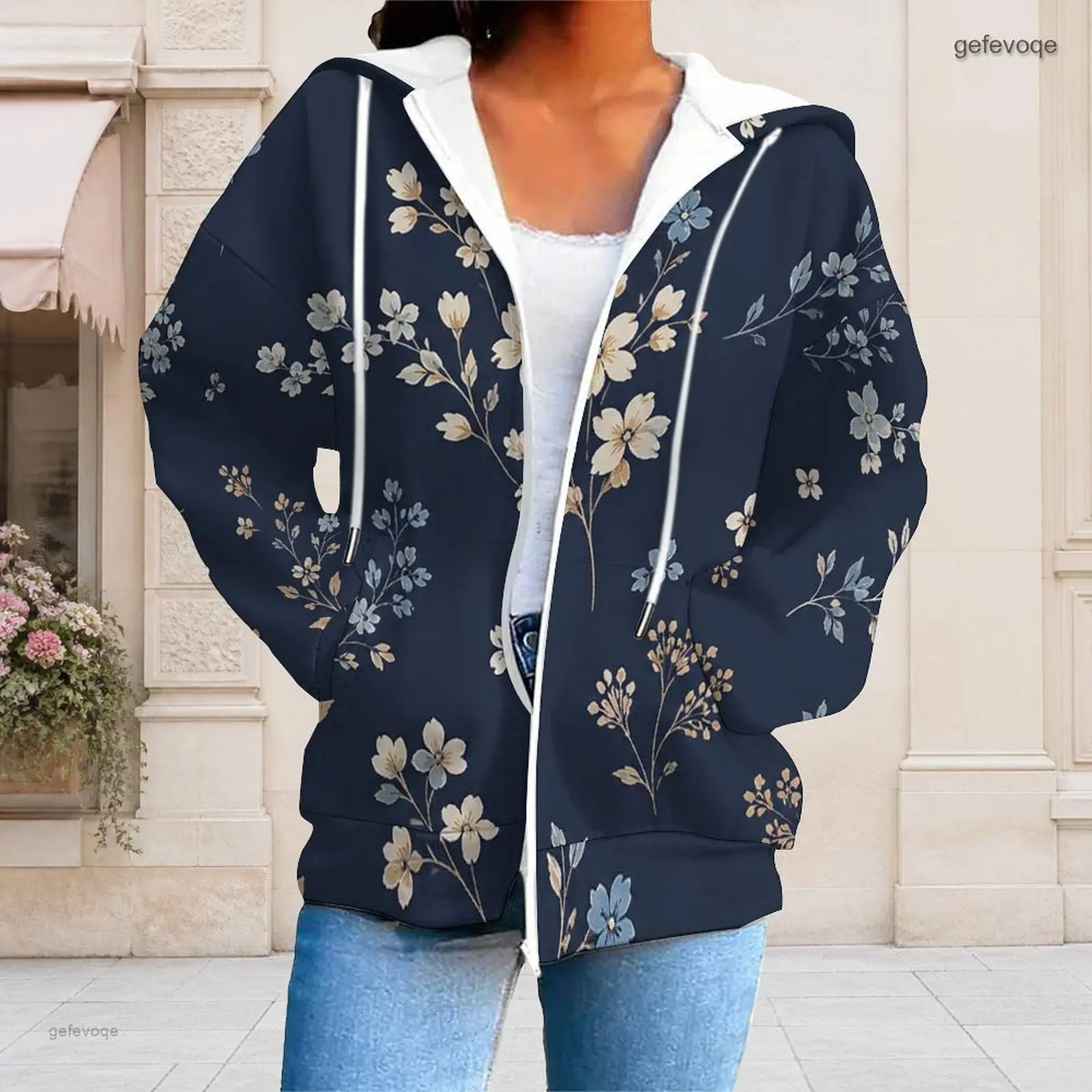 Women Navy Floral Printed Full Zip Long Sleeve Hoodie with Pockets
