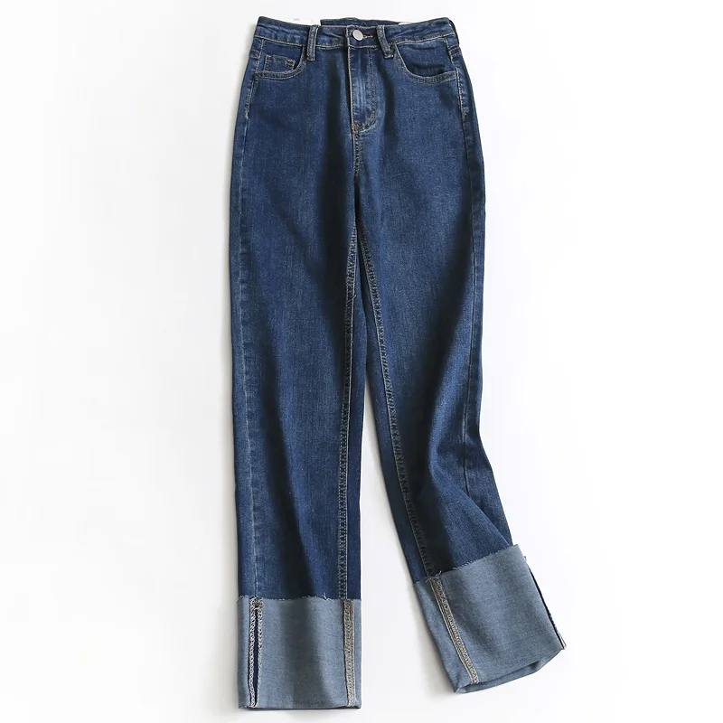 T347 Pure Color Cuffed Straight Leg Jeans Women's Elastic Waist Denim Pants Spring  High Waist Long Cotton Stretch Denim
