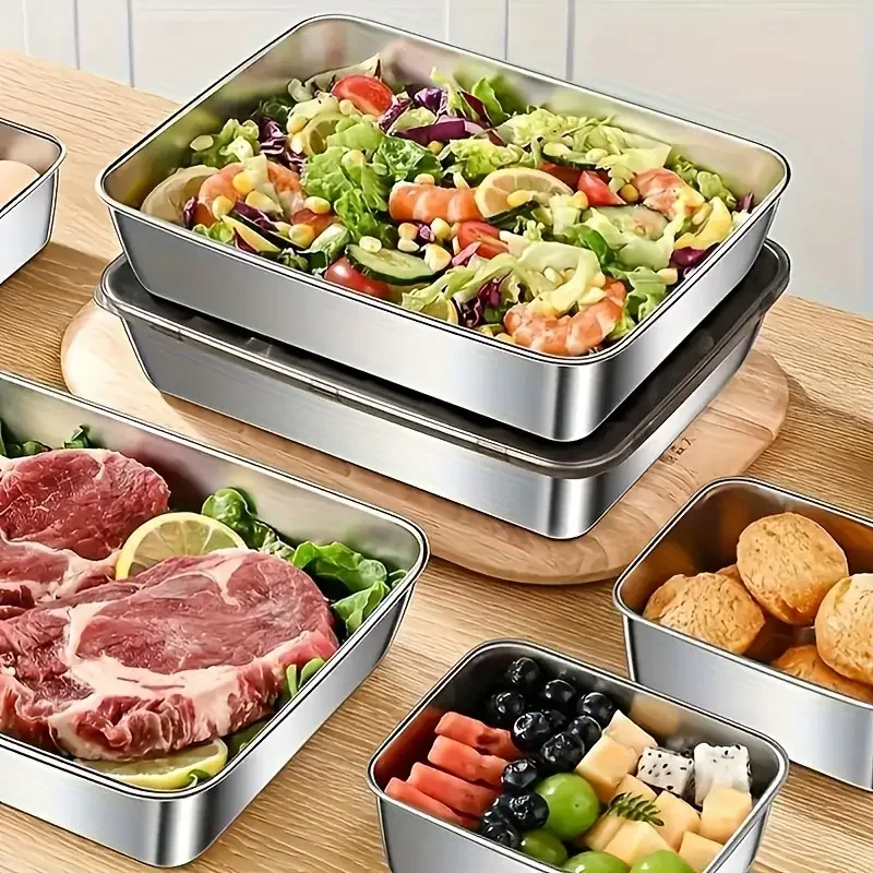 Stainless Steel Food Storage Container Rectangle Dish with Cover Noodles Fruit Tray Lunch Box Thick Refrigerator Organizer Plate