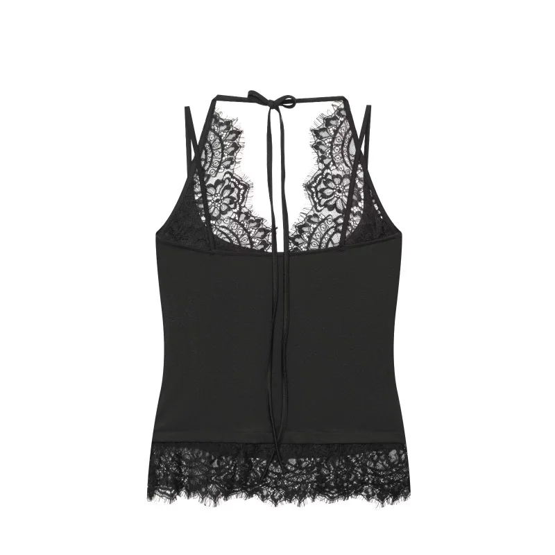 Fashionable Lace Splice Hanging Neckline Top Women's Casual Wear Polyester Fiber round Neck H-Shape Vest Regular Length