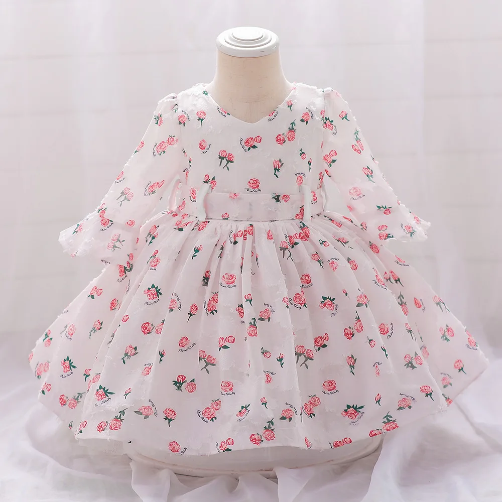 

1-3 Years Long Sleeve Baby Dresses Flower Prints Infant Ball Gown Graduation Birthday Party Kids One-piece Dress Toddler Clothes