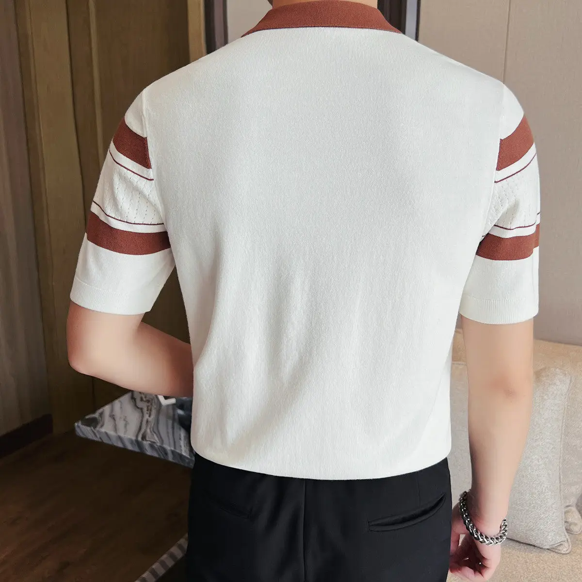 Men's Slim Fit Ice Silk Polo Contrast Stripe Knit Design Breathable & Sweat-Wicking Short Sleeve T-Shirt with Half-Zip Collar