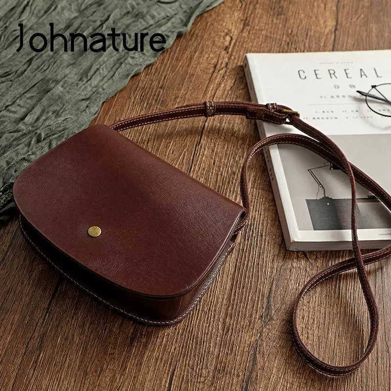 Johnature Simple Genuine Leather Crossbody Bags 2024 New Versatile Women Saddle Bag Vintage Natural Real Cowhide Shoulder Bags