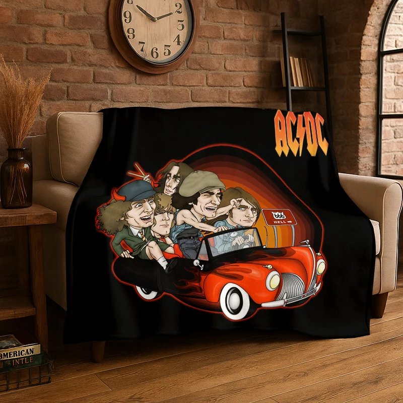 Retro ACDC Rock Band Catoon Flannel Blanket Soft Warm Throw Blanket for Bedroom Living Room Bed Travel Camping Picnic Gift