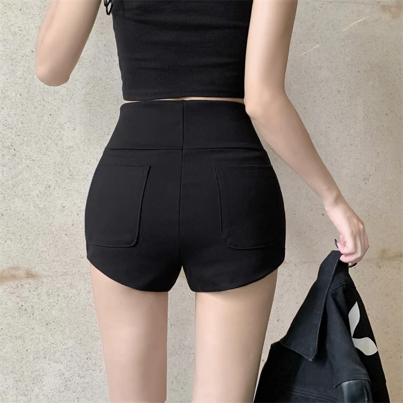 

High Waist Black Suit Shorts Women Summer Thin Casual Elastic Tight Hot Pants Outdoor Wear Straight Leg Zipper Style