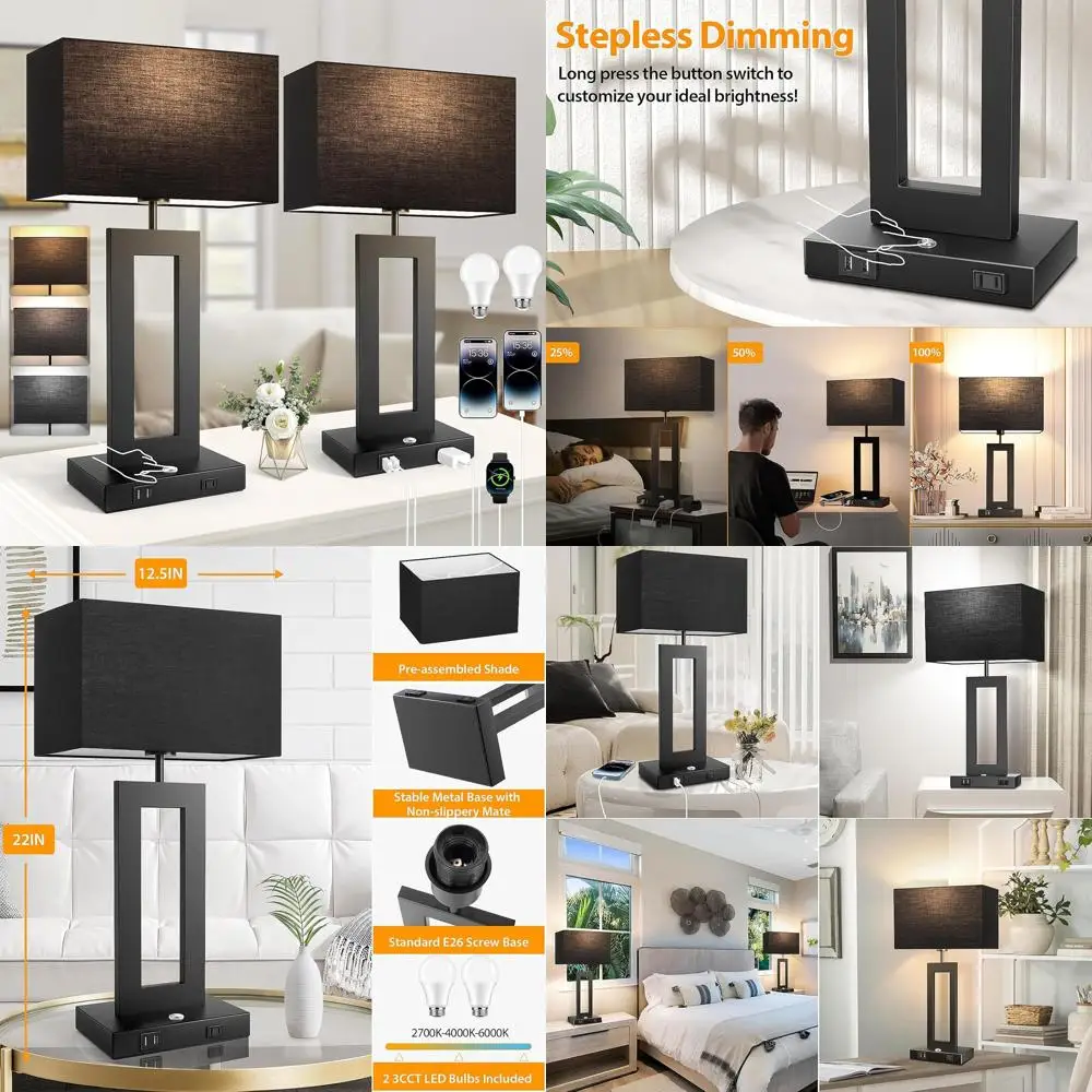 

Набор из 2 черных настольных ламп с сенсорным управлением, 22 прикроватных тумбочки, USB-порты, розетка переменного тока, регулировка яркости для спален и гостиных