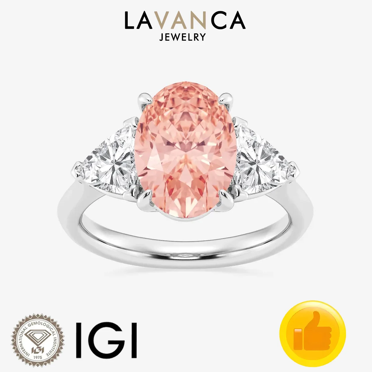 

Three Stone Style Lab Diamond Ring IGI Certified Pink Oval Cut Lab Diamond Ring 9K/14K/18K Gold Engagement Ring For Women