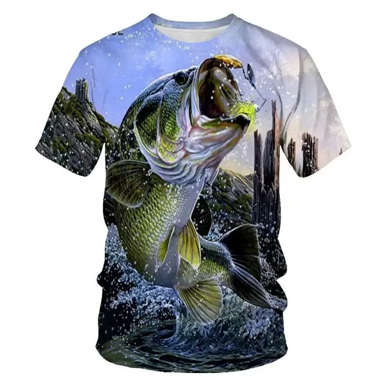 2023 Summer Men 3d Printed Ocean Fish Pattern Fashion Sport O Collar Short Sleeve T-Shirt Fun Funny Baggy Plus Size Casual Top