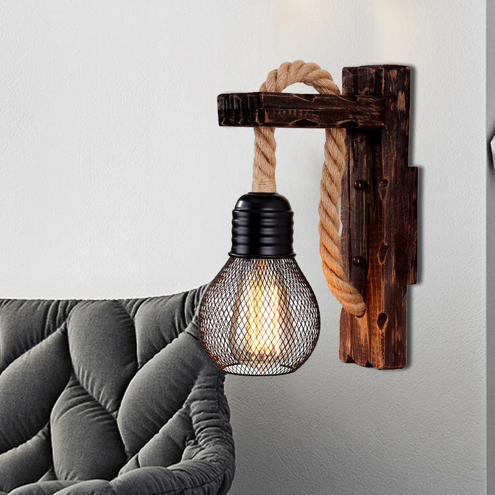 

Industrial Retro Wall Lamp E27 American Loft Wood LED Corridor Balcony Light for Indoor Fixtures Wooden Base