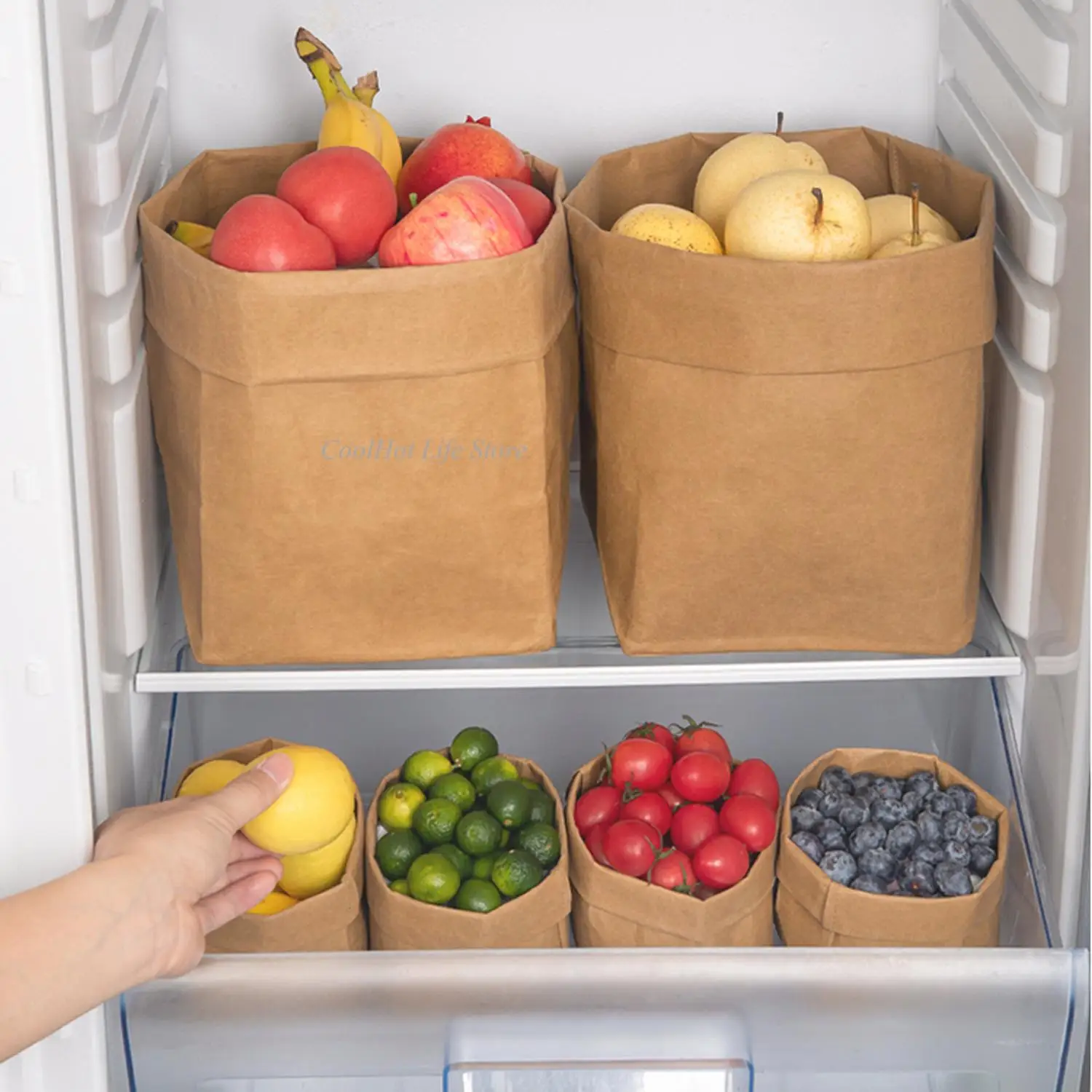 Refrigerator Organizer Washable Kraft Paper Bags Multifunctional Storage Bag for Food Fruit Desktop Storage Kitchen Accessories