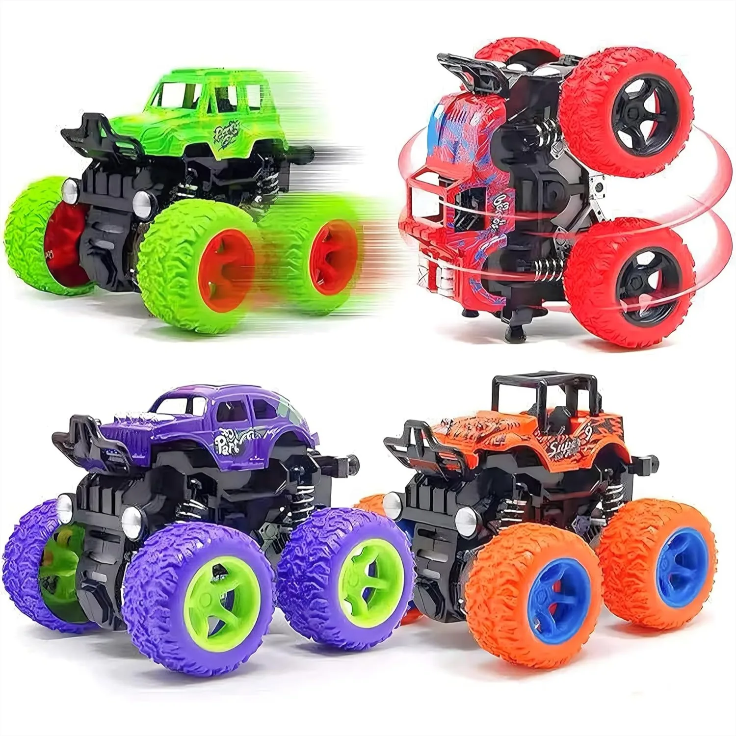 

Monster Truck for Boys 3-7 Year Old, 4 Pack Push and Go Friction Powered Car Toys, 360° Rotating Stunt Vehicle Set, Birthday