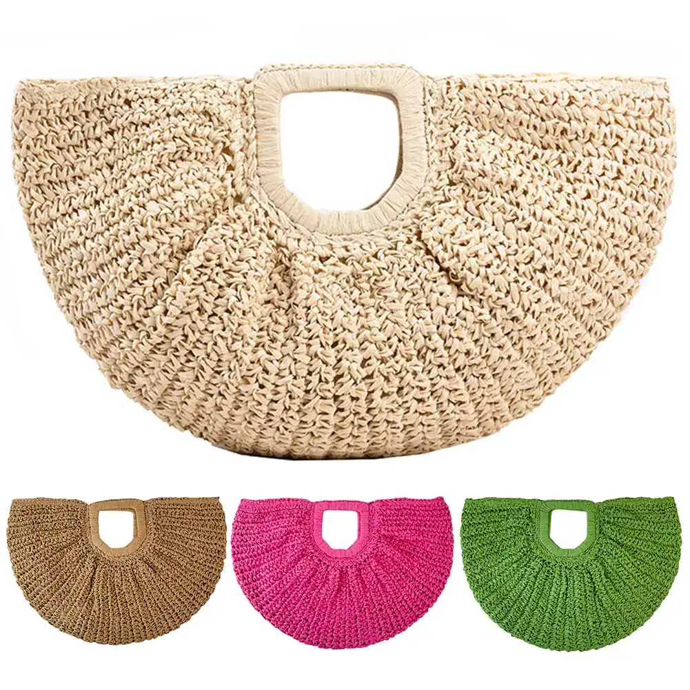 

Women Handmade Straw Tote Bag Large Capacity Half-Moon Straw Handbag Solid Color Vintage Woven Handbag Female Daily Bag