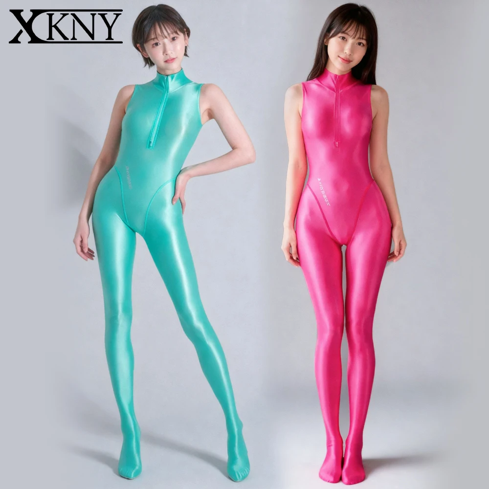 AMORESY thin glossy thigts oil smooth bidirectional front zipper jumpsuit Solid color high neck sleeveless swimsuit