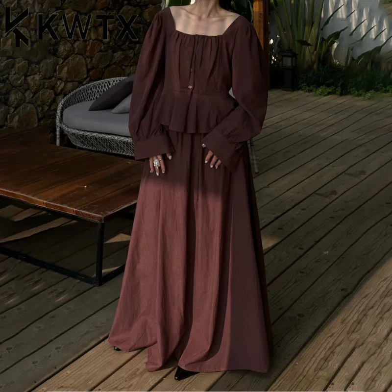 

KWTX 2025 Весна Лето Повседневная рубашка в стиле ретро Топ и юбка-миди Комплект из 2 предметов Элегантный роскошный дизайнерский женский наряд Сплошной цвет Премиум