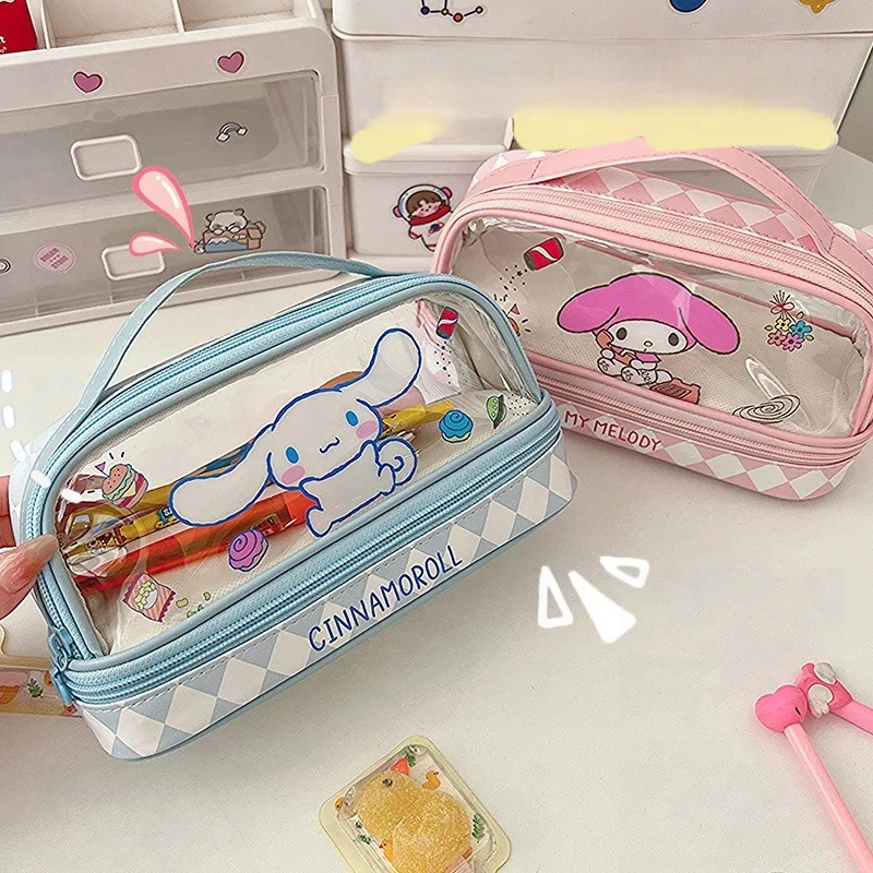 Sanrio Hello Kitty Pencil Bags Kuromi My Melody Cinnamoroll Large Capacity Portable Stationery Box Cartoon Storage Case Bag Kids