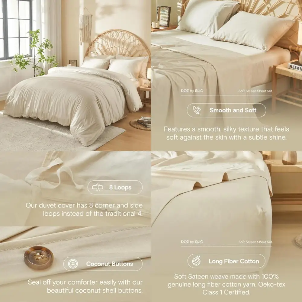 

100% Long Staple Cotton Duvet Cover Set - Soft Sateen, Breathable, Hotel-Style Comfort, 90x90 Inches, 8 Loops, 3-Piece