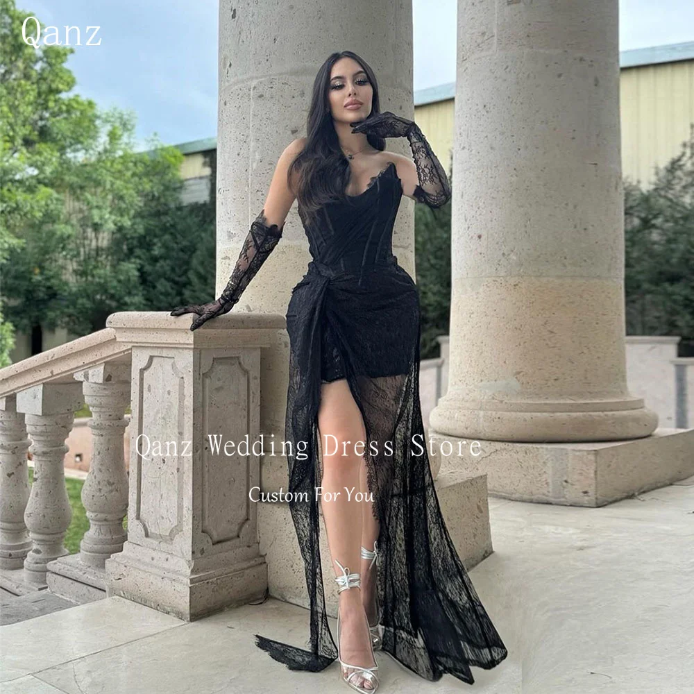 Qanz Customized Lace Evening Dresses Woman Elegant Black High Slit Strapless No Goves Corset Back Robes De Cocktail Party Gowns