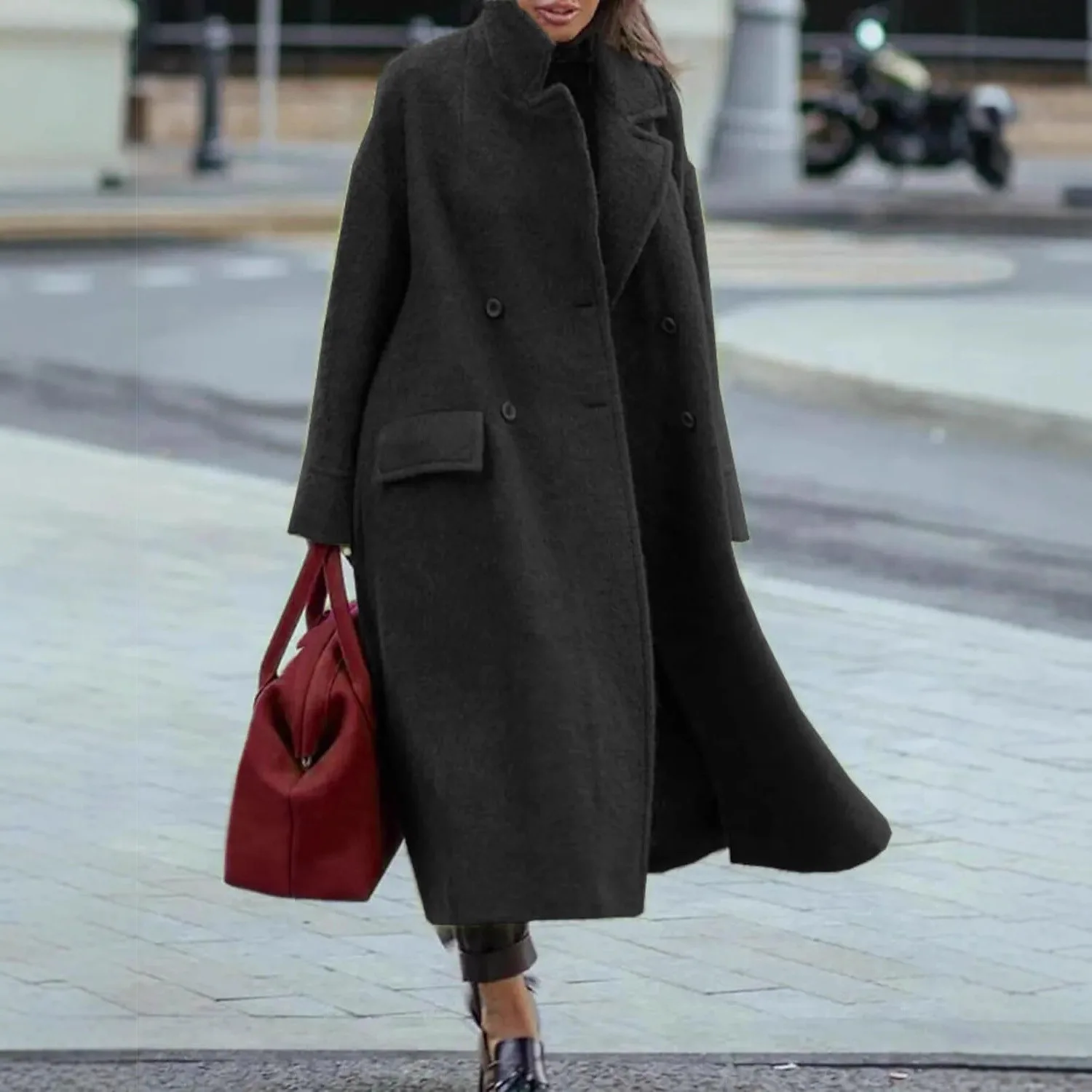 2025 Autumn and Winter Women's Leisure Long Pure Color Warm Wool Coat