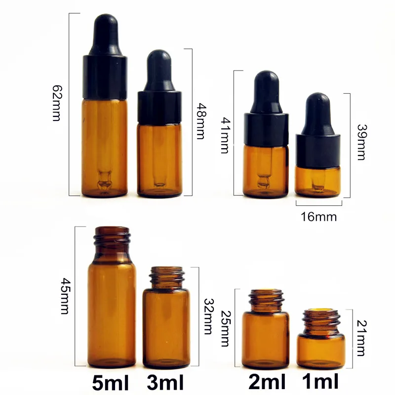 100 Stuks 1Ml 2Ml 3Ml 5Ml Amber Glazen Parfumflesje Aromatherapie Vloeibare Druppelaar Etherische Olie Basismassage Olie Flesjes