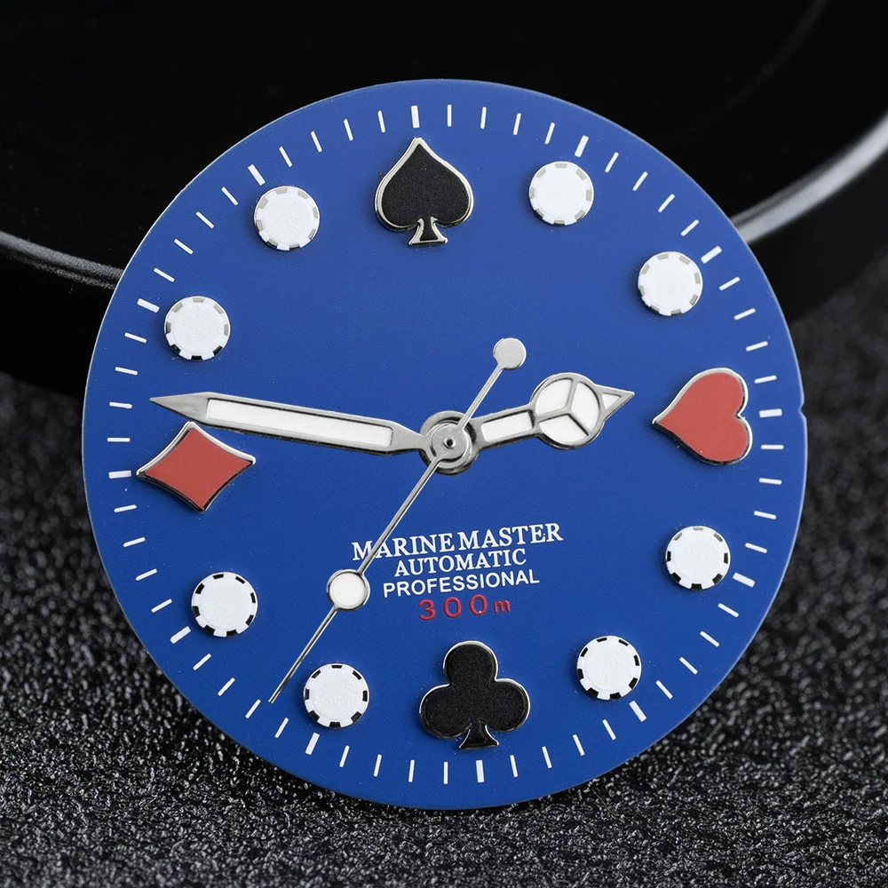 NH35 다이얼 28.5mm S 다이얼 포커 Marinemaster NH35/36 무브먼트 용 빛나는 시계 손 수정 된 다이얼 교체 시계 부품