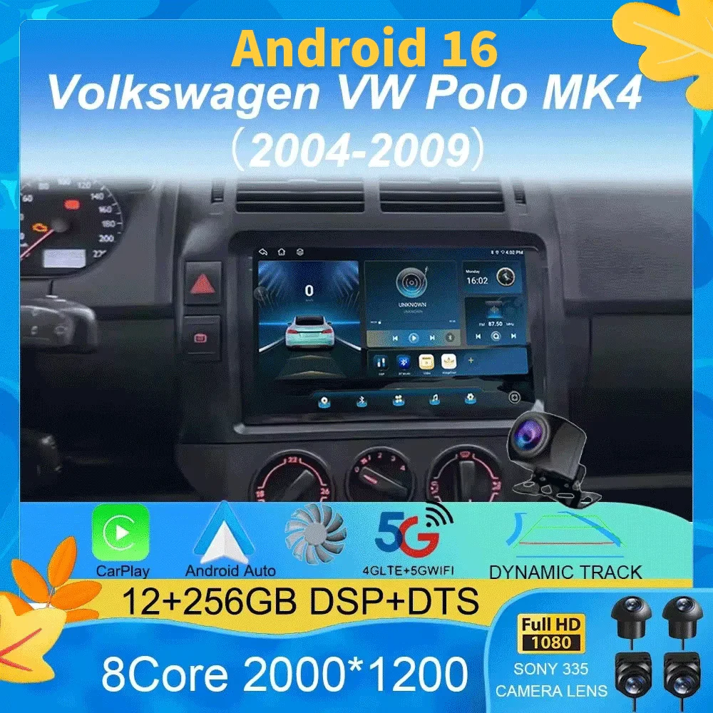 For Volkswagen VW Polo MK4 6Q 9N 9N3 2004- 2009 Car Radio Android 16 Auto Multimedia Video Player GPS Carplay QLED Screen Stereo