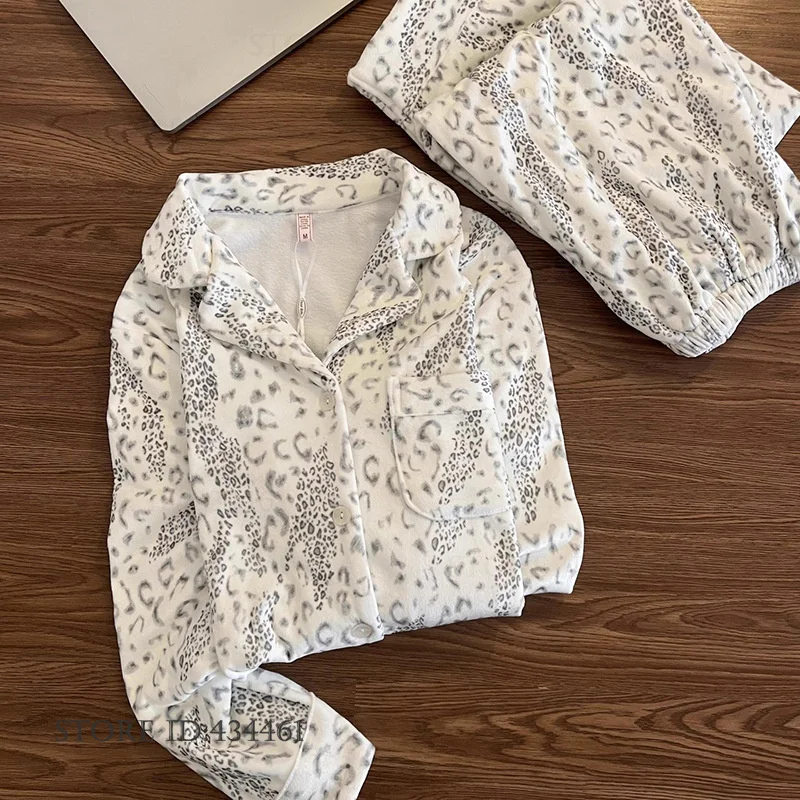 Autumn Winter New Female Pajamas Set Island Velvet Leopard Sleepwear Pijamas Suit Loose Casual Nightwear Lounge Wear Lingerie