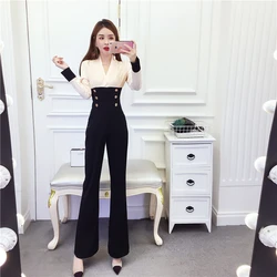Spring 2023 Fashion Temperament Goddess Chiffon Splice Color Contrast Slim Bodysuit Pants Overalls Female Jumpsuits
