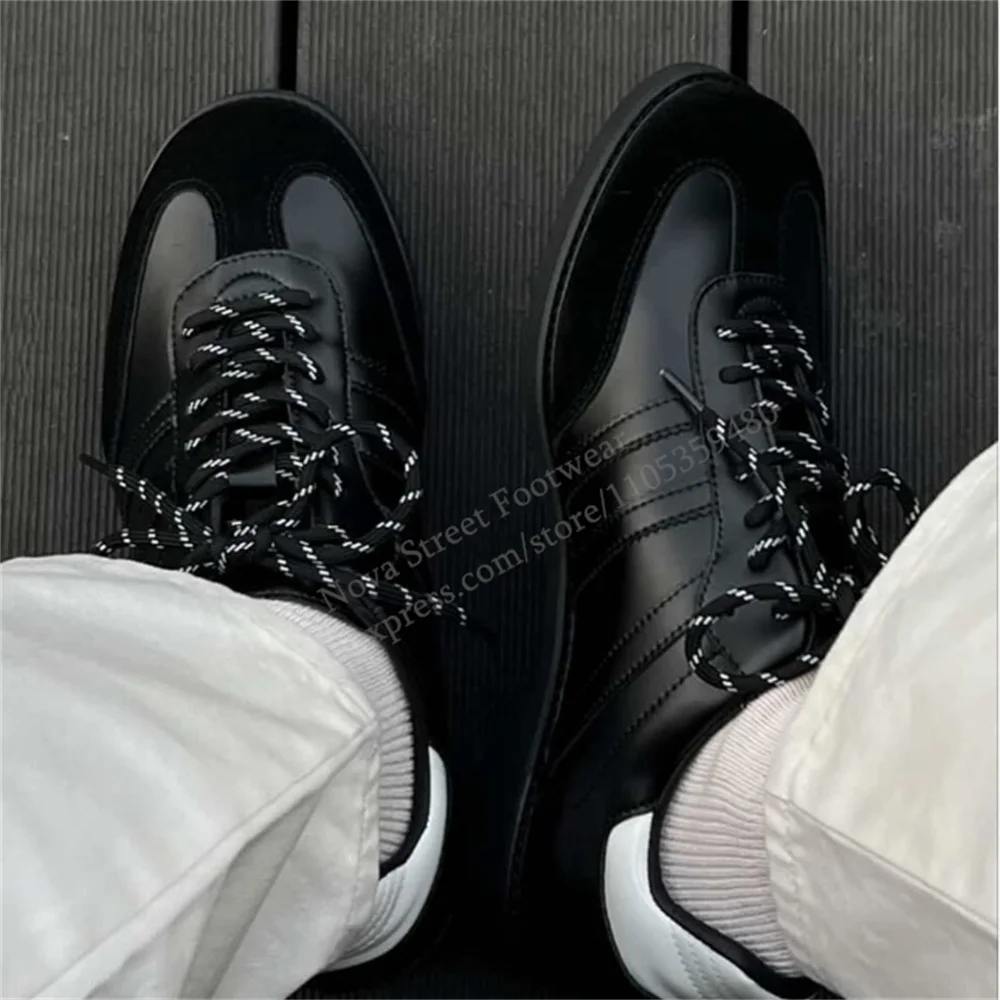 

Men Trendy Casual Round Toe Small Leather Shoes Black British Style Round Toe Color Blocking Lace Up Commute Derby Shoes
