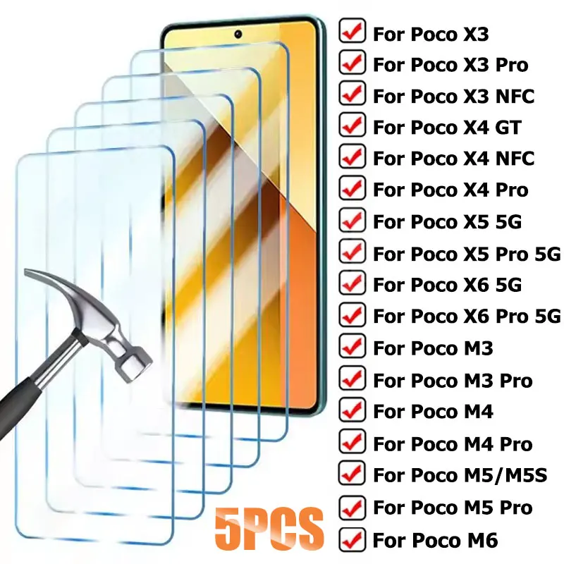 

5PCS Tempered Glass For Xiaomi Poco X6 X5 X4 X3 Pro X4 GT X3 NFC Film Screen Protector for Poco M6 M5 M5S M3 M4 Pro 5G Glass