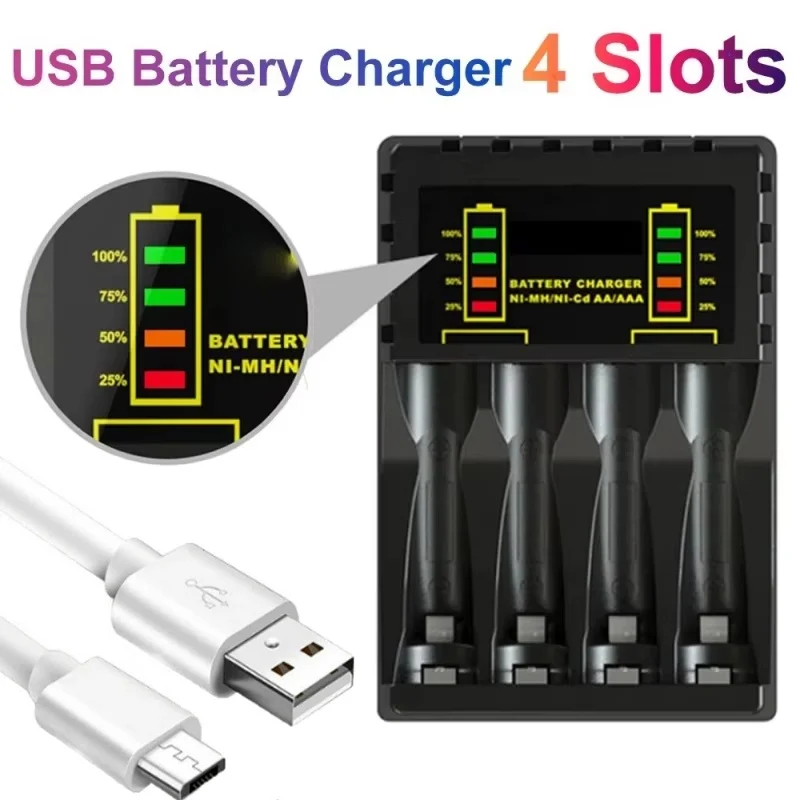 AA/AAA Battery Charger 4 Slots With Intelligent LED Display Type USB C Charger For Ni-MH/Ni-Cd Rechargeable Battery Fast Charger