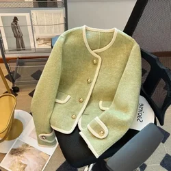 Mixtures Jacket Woman Green Half Short Round Neck New In Wool Blend Coat for Women Novelty Single Outerwears Trendy Medium Hot