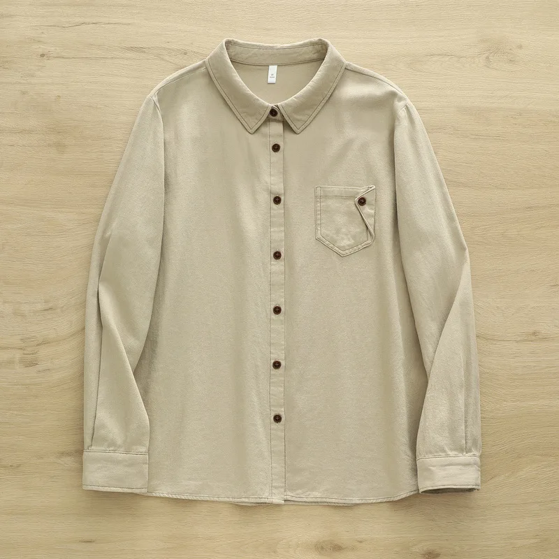 قميص جديد بأكمام طويلة من القطن لخريف 2025 ، جيب غير منتظم للنساء بطية صدر السترة ، بلوزة فضفاضة غير رسمية على الموضة لفتاة موري T59851CC #2