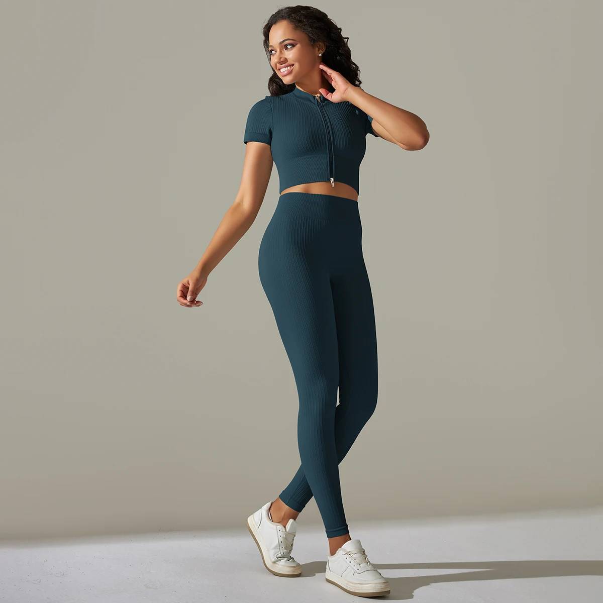 Ribbed Yoga Clothing Sets Women High Waist Leggings And zippers Short Sleeve Top Set Seamless Tracksuit Fitness Workout Outfits
