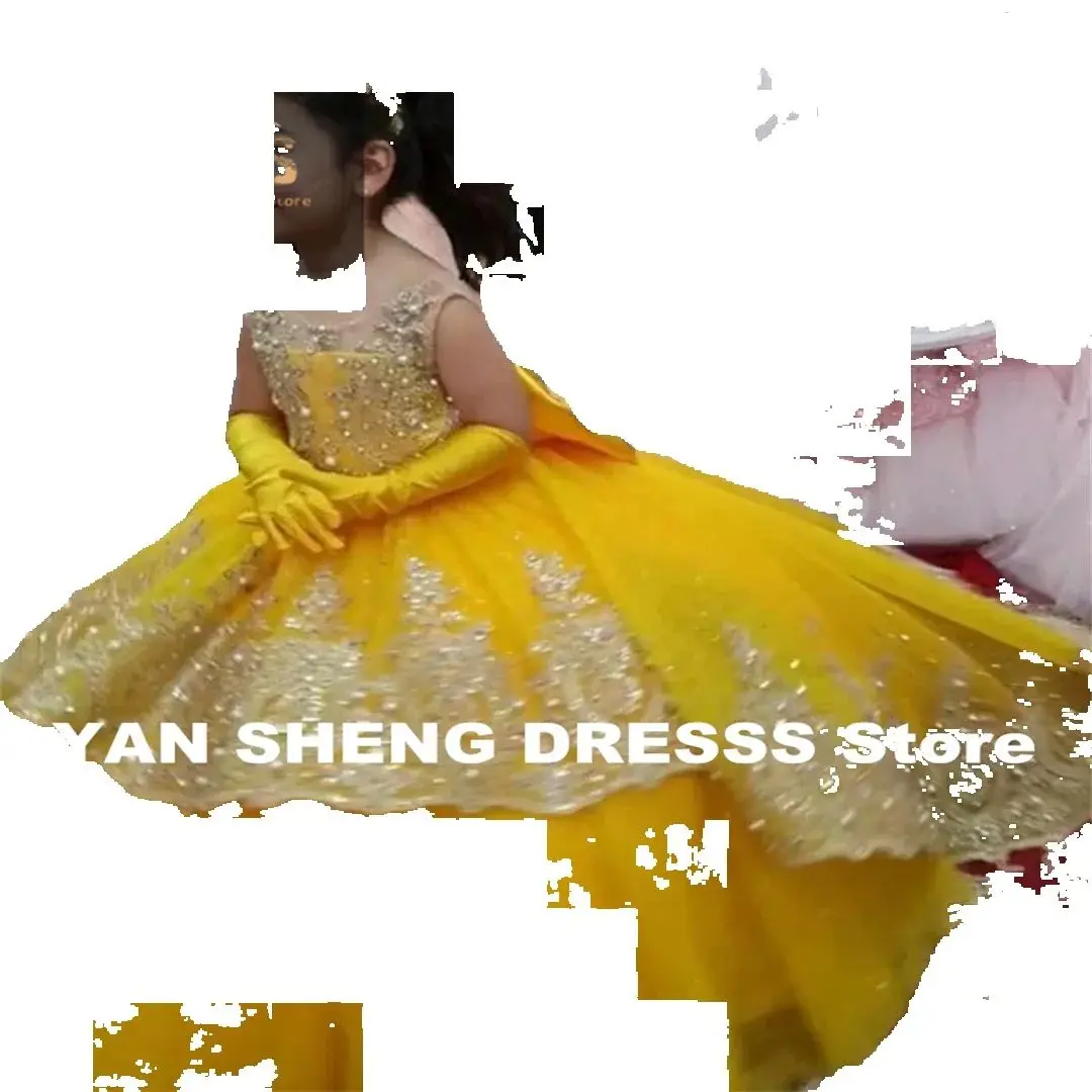 Gold Girls Princess Dress 2025 Tulle Tiered Flower Girl Dress Toddlers Beaded Lace Pageant Dress Customized Birthday Party Gowns