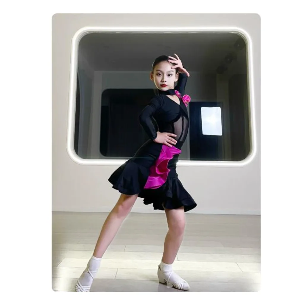 

Ballroom Latin Flower Long Sleeve Mesh Dress Girl American Dance Rumba Cha Cha Samba Tango Costume Competition Practice Wear Kid