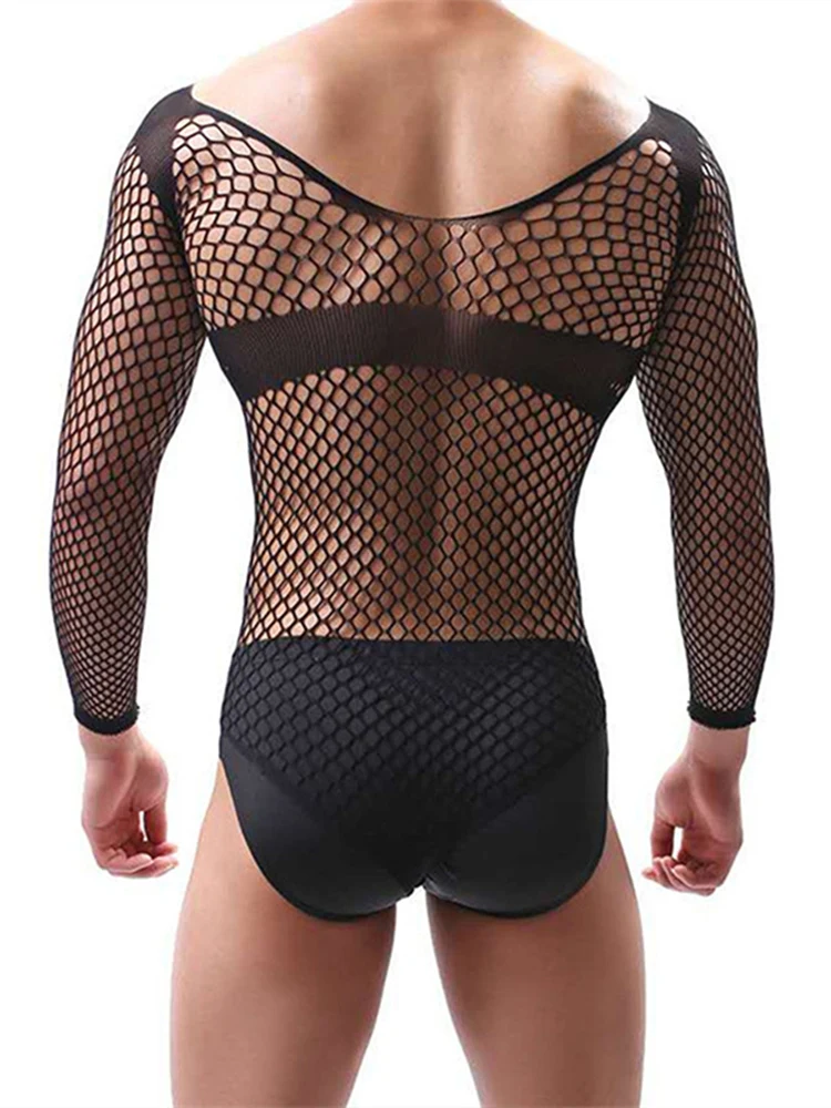 Men Bodystocking Bodysuit Gay Fishnet Hollow Sissy Underwear Sexy Lace Transparent Mesh See Through Lingerie Bodysuits