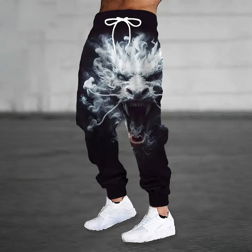 Men\'s Loose Pocket Drawstring Sweatpants Winter New Thick Warm Sweatpants Men\'s Sports Pants Fashion Dragon Print Sweatpants