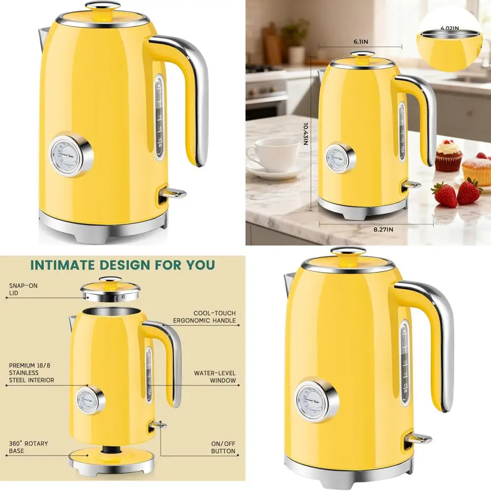 

1500W Fast Heating 57oz Stainless Steel Tea Kettle with Thermometer, LED Indicator, Auto Shut-Off & Boil Dry Protection, Retro Y