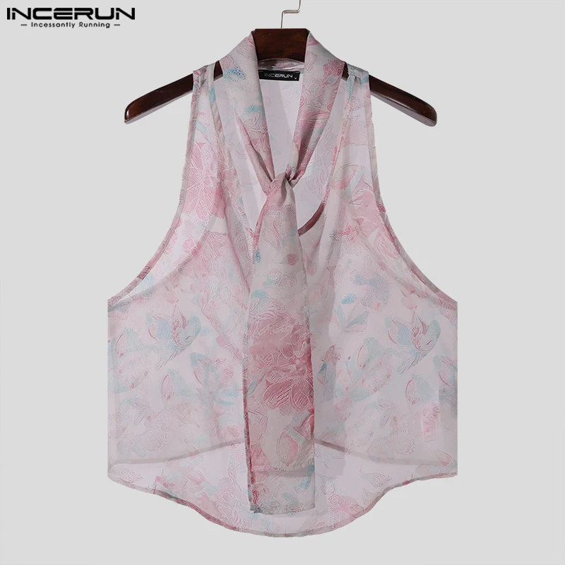 INCERUN Men Tank Tops Printing V Neck Sleeveless Transparent Vests With Belt Streetwear 2024 Loose Fashion Casual Men Clothing