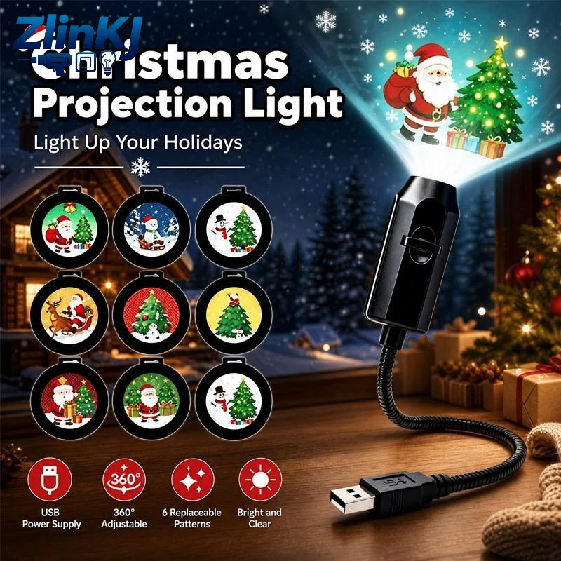USB Projector Light Christmas Reindeer Santa Claus Night Light Switchable Pattern LED Projector Lamp For Room Ceiling Wall Deco