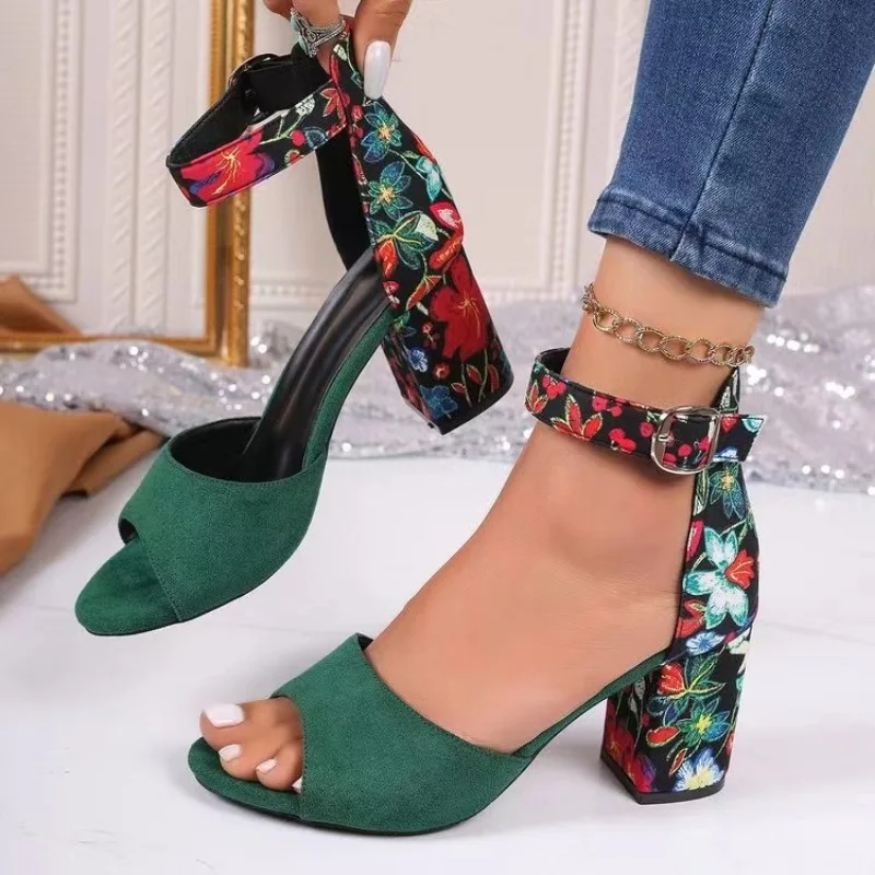 New Summer Oversized Floral Cloth Women\'s Shoes with High Heels Block Heel Fishmouth Straight Buckled Strap Women\'s Sandals