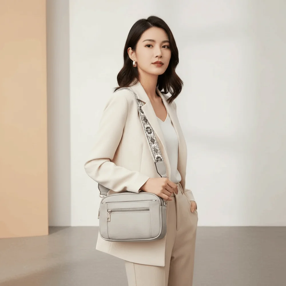 

Vegan PU Leather Color Block Handbag Anti-splash Water Triple Compartment Embroidered Shoulder Pack Detachable Wide Strap