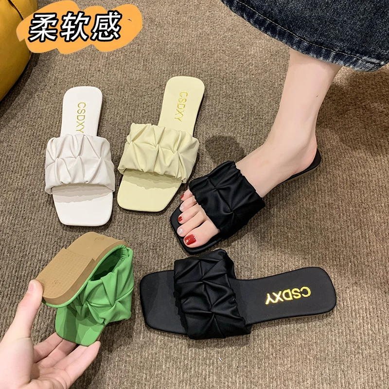 Summer Slippers For Women  Flats 2024 New Pleated Korean Slippers Women Sandals Green Slip On Shoes Big Size 35-42