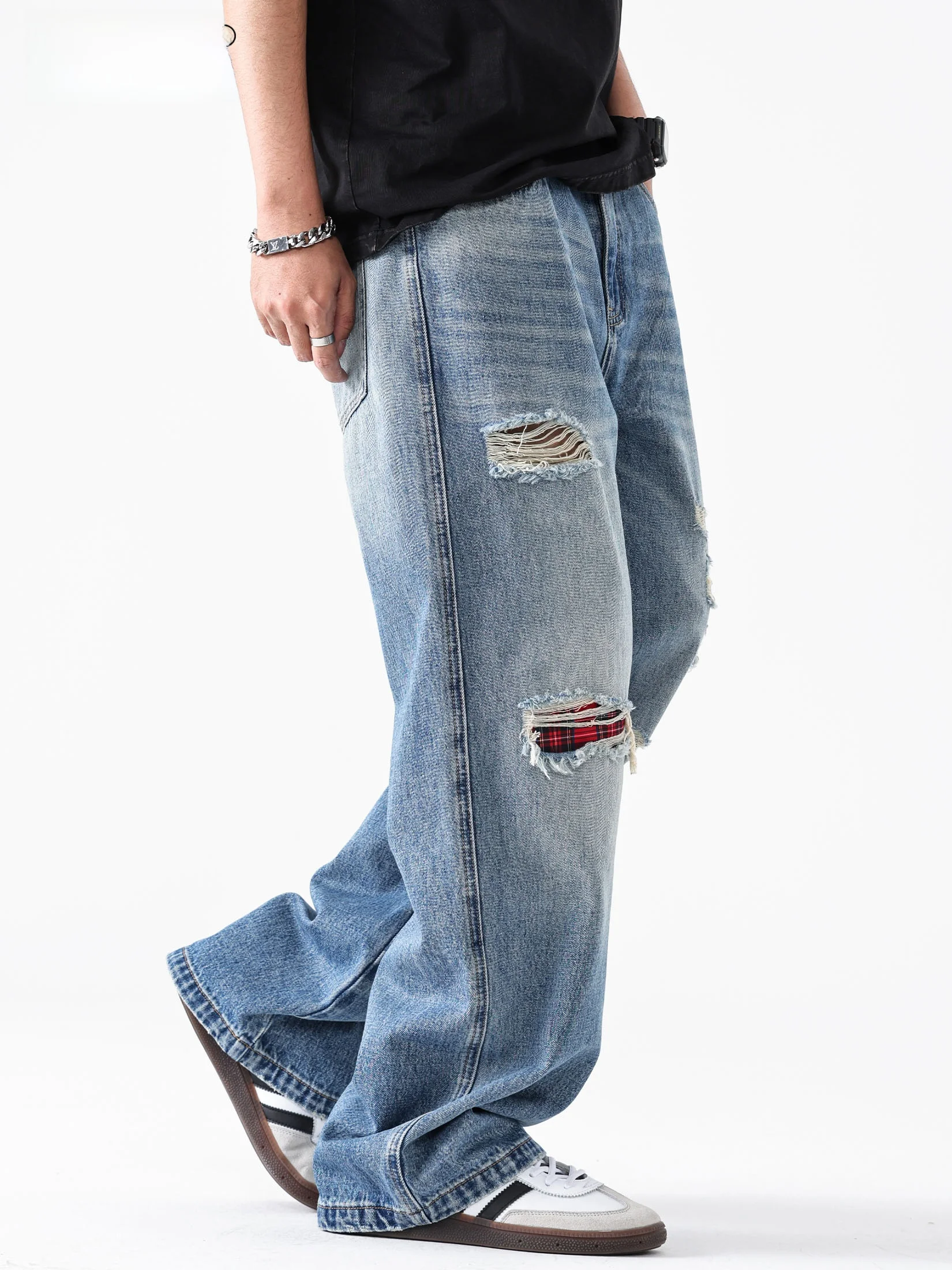 

Trendy Men's Ripped Jeans Loose Wide Leg American Retro Straight Cut Breathable Comfortable Cotton Elastic Waist Long Trousers