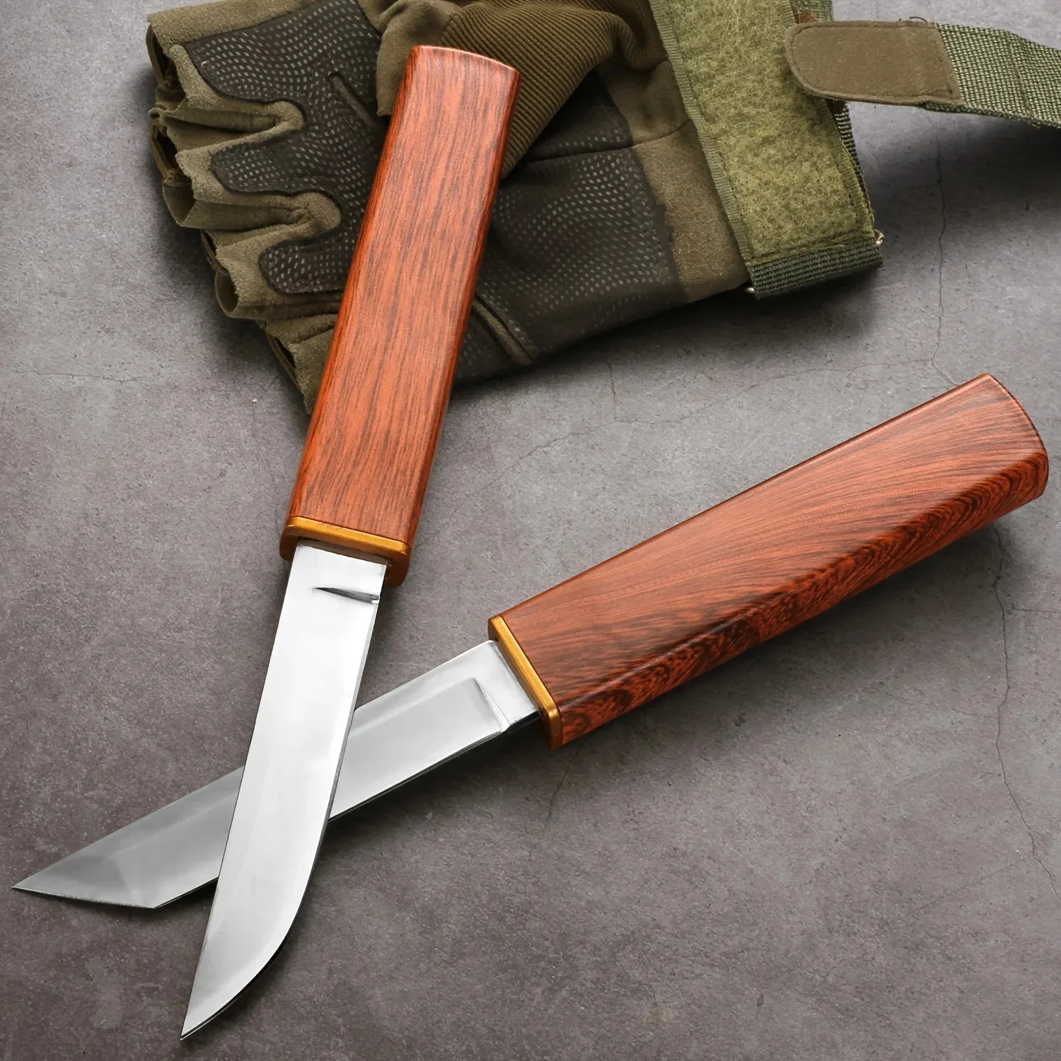 Double blade wood grain handle knife, kitchen barbecue meat knife, fruit knife, portable multifunctional chef knife