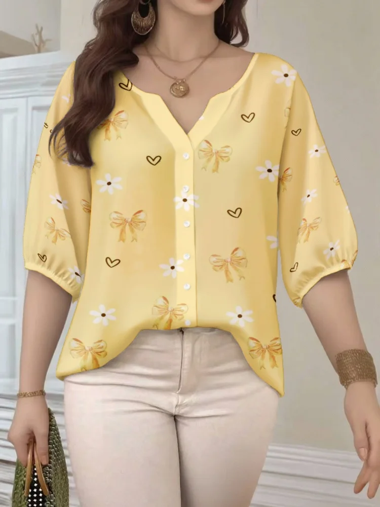 

Plus Size Women's V-Neck Blouse Fashion Summer 2026 Bowtie Printed 3/4 Sleeve Loose Casual Button Down Shirt Female Clothings