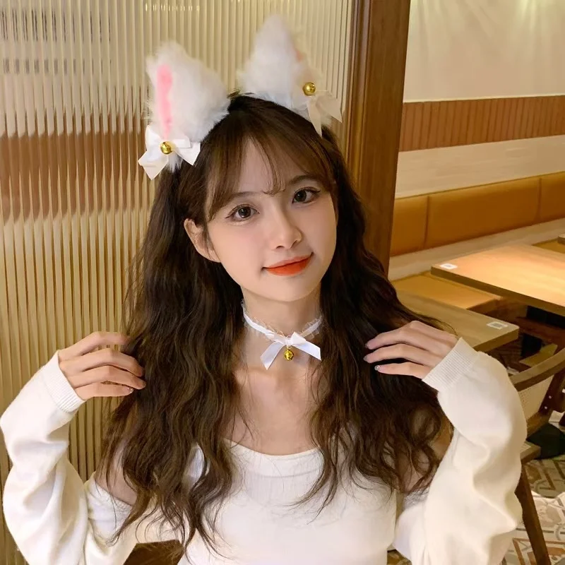 Sexy Cat Ears Headband for Women Girls Lace Bow Necklace Plush Bell Hairband Cosplay Masquerade-Party Costume Hair Accessories image 4