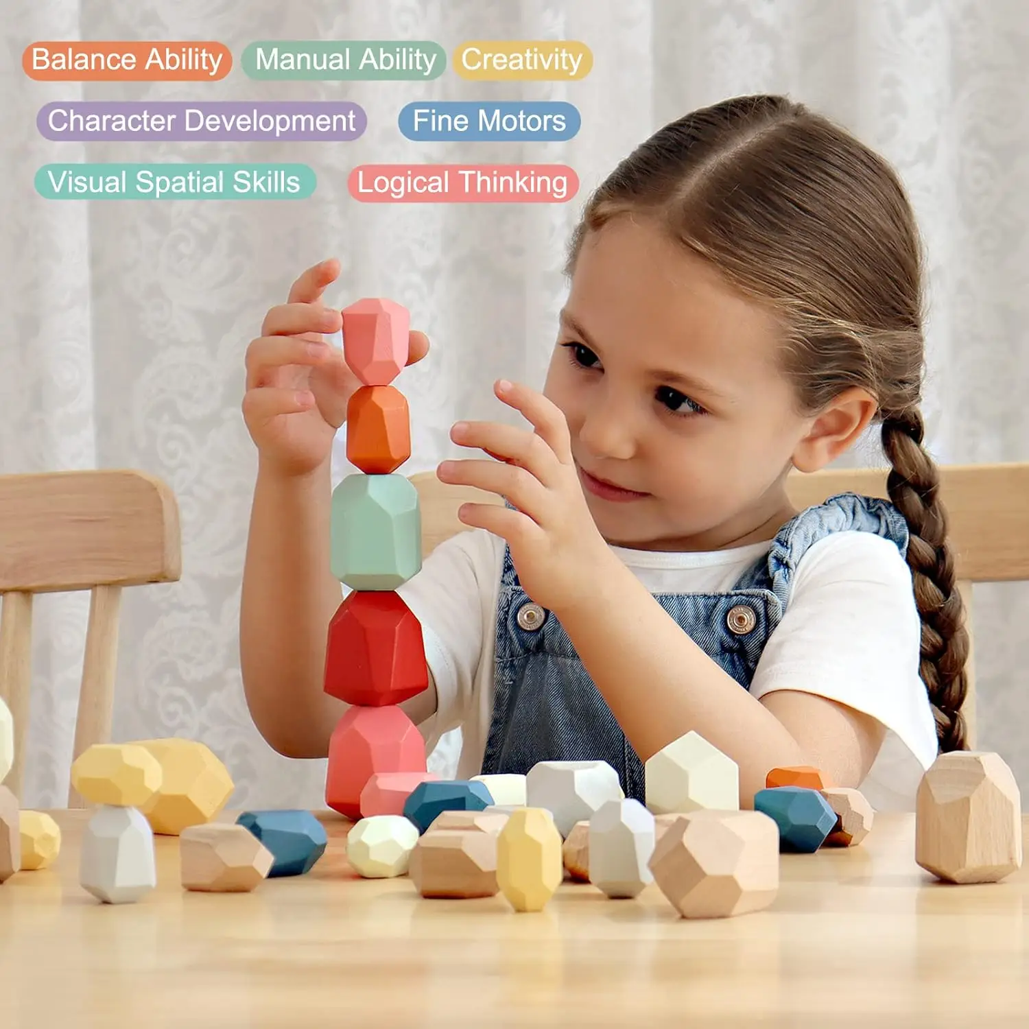 BESTAMTOY 36 PCS ไม้ Sorting Stacking Rocks StonesSensory เด็กวัยหัดเดินของเล่นการเรียนรู้ Montessori ของเล่นบล็อกอาคารเกมสําหรับเด็ก